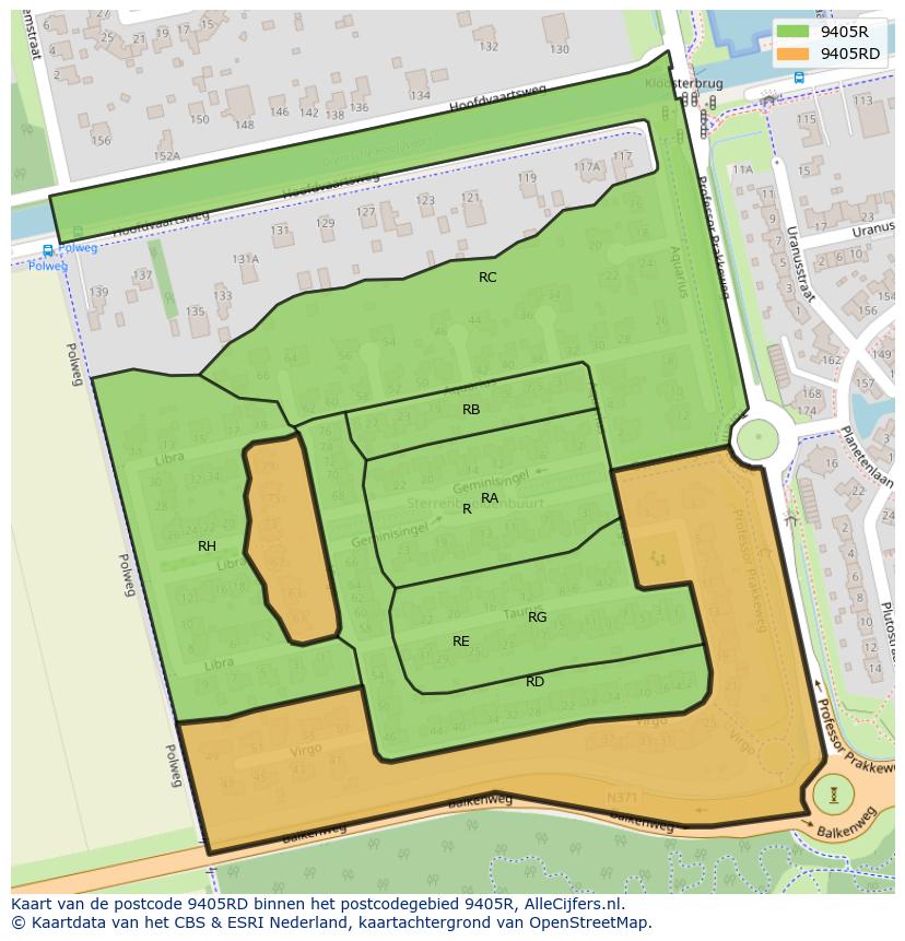 Afbeelding van het postcodegebied 9405 RD op de kaart.