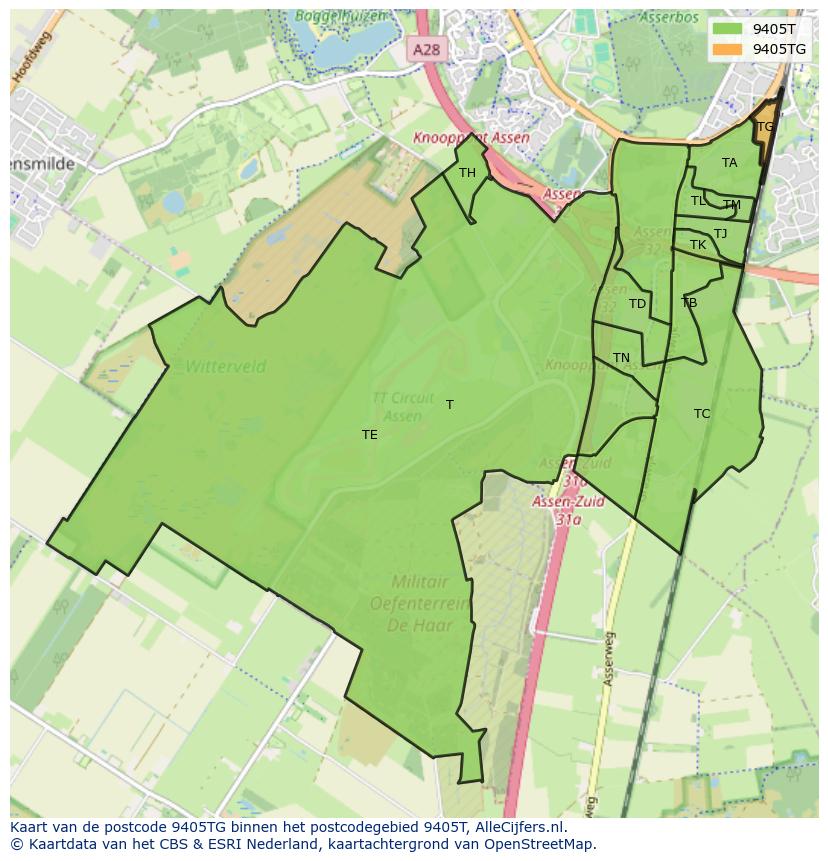 Afbeelding van het postcodegebied 9405 TG op de kaart.