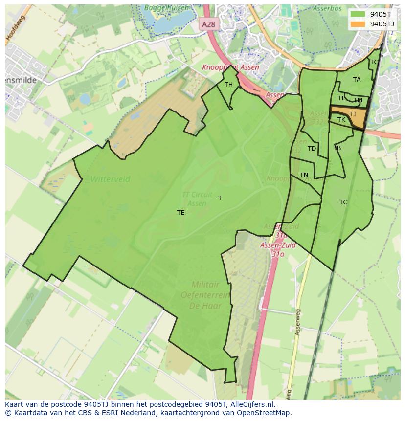 Afbeelding van het postcodegebied 9405 TJ op de kaart.