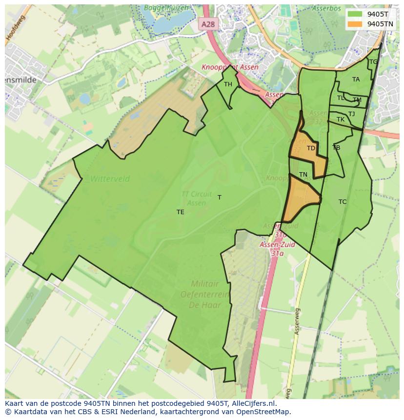 Afbeelding van het postcodegebied 9405 TN op de kaart.