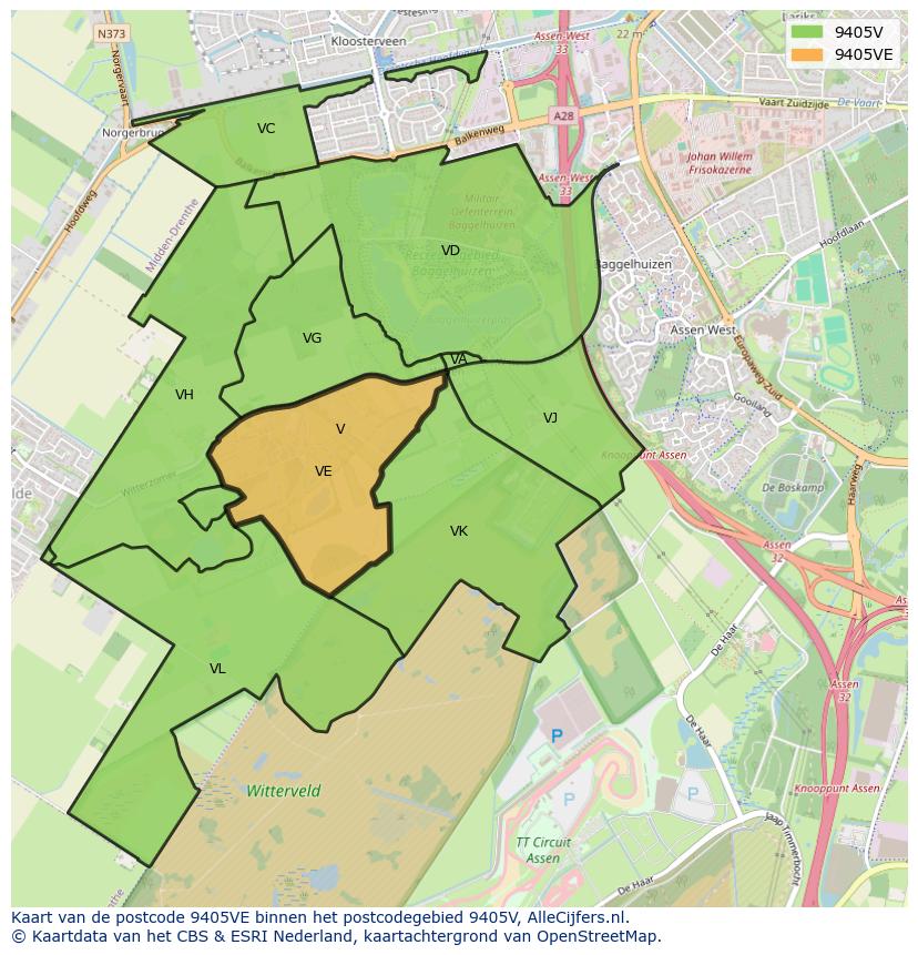 Afbeelding van het postcodegebied 9405 VE op de kaart.