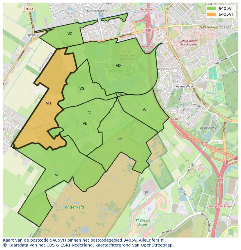 Afbeelding van het postcodegebied 9405 VH op de kaart.