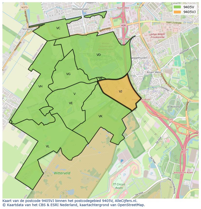 Afbeelding van het postcodegebied 9405 VJ op de kaart.