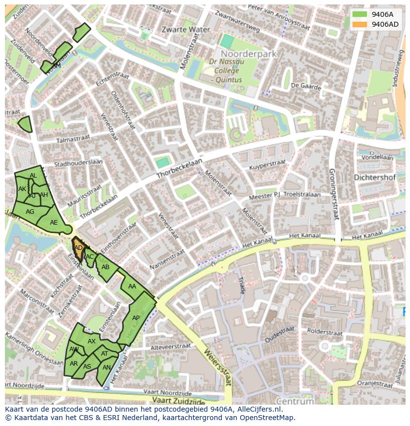 Afbeelding van het postcodegebied 9406 AD op de kaart.