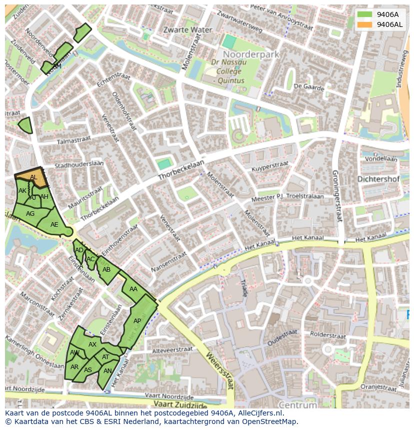 Afbeelding van het postcodegebied 9406 AL op de kaart.