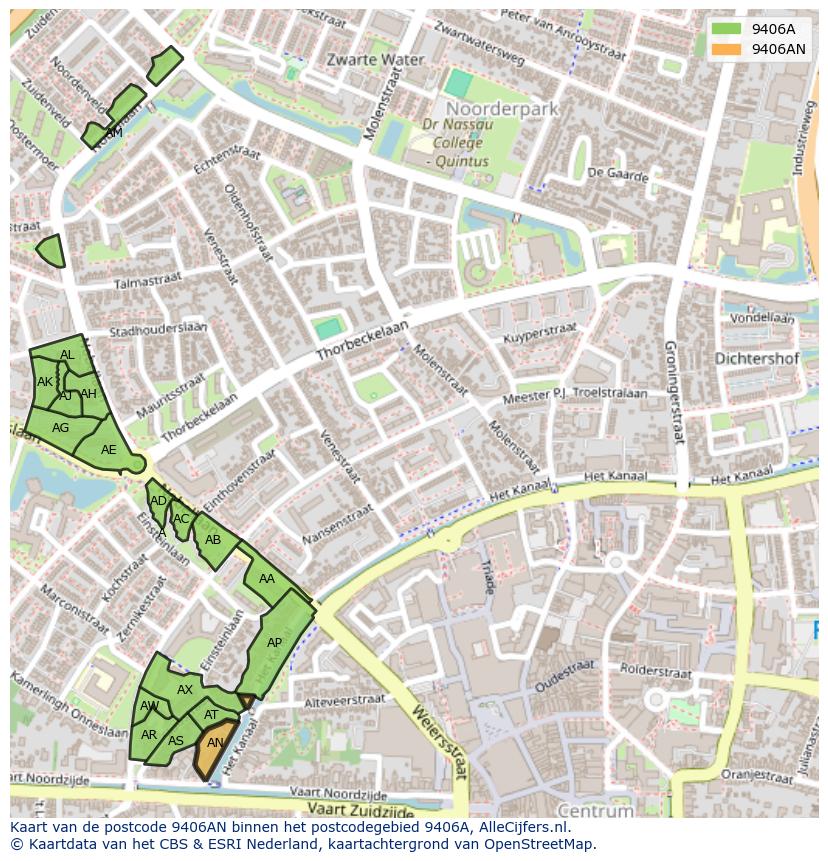 Afbeelding van het postcodegebied 9406 AN op de kaart.