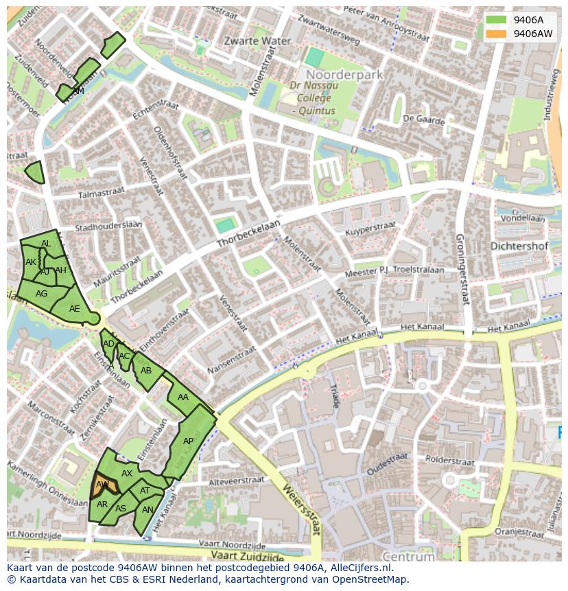 Afbeelding van het postcodegebied 9406 AW op de kaart.