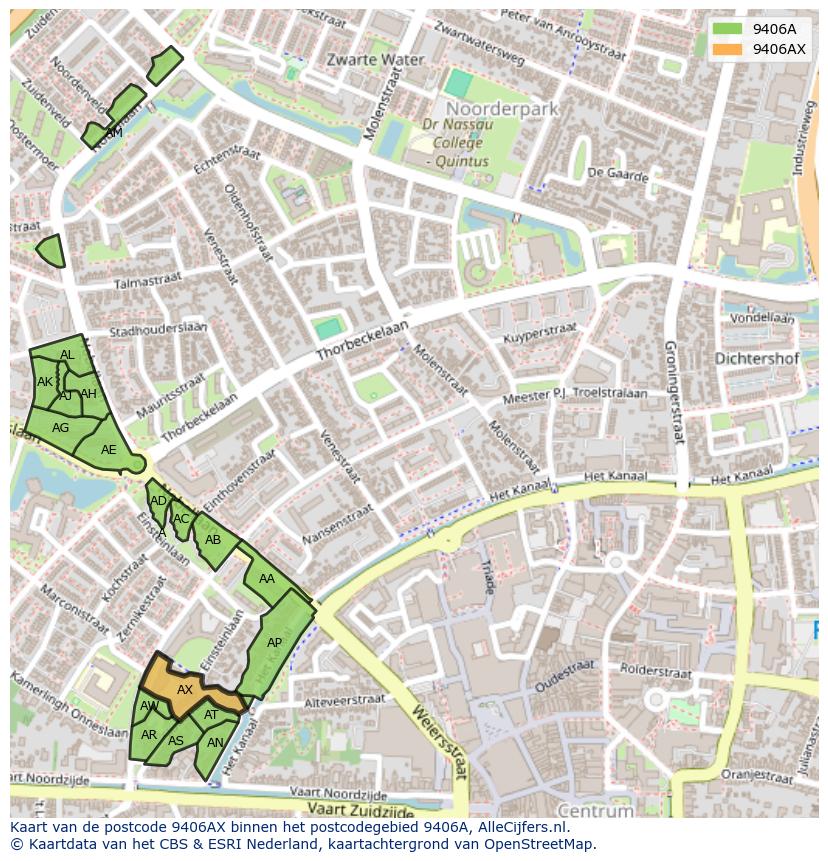 Afbeelding van het postcodegebied 9406 AX op de kaart.