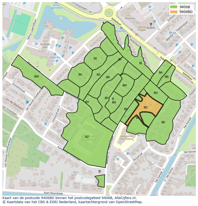 Afbeelding van het postcodegebied 9406 BD op de kaart.