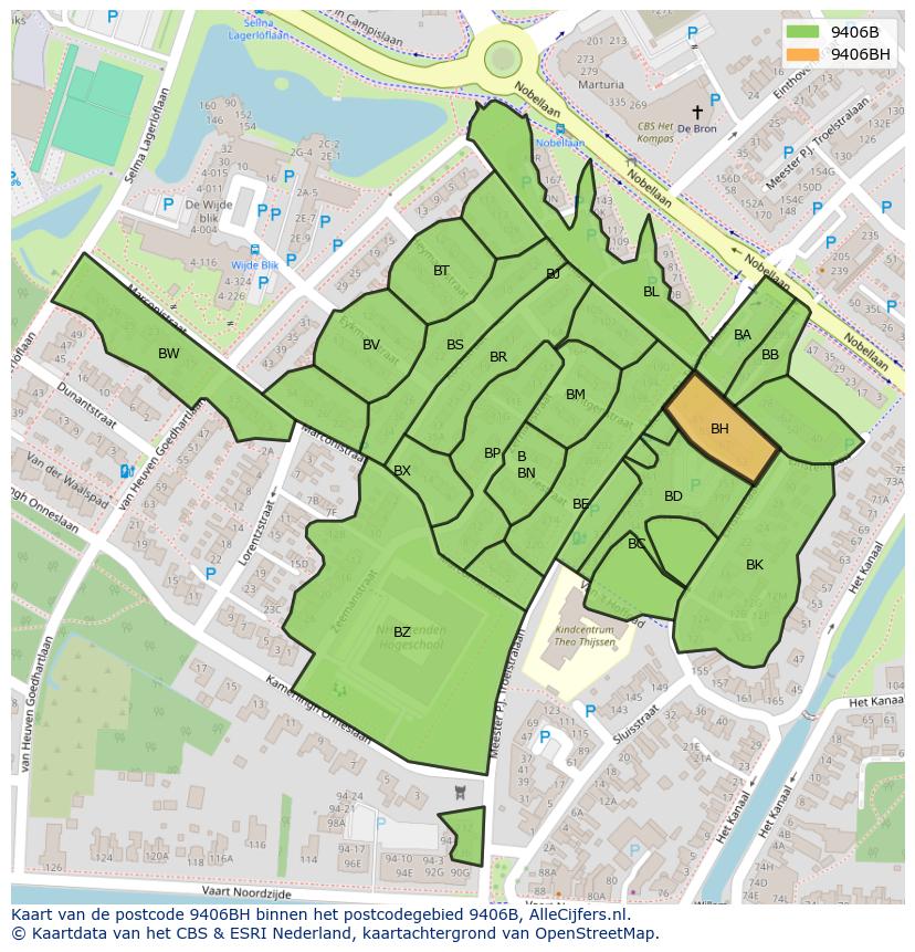 Afbeelding van het postcodegebied 9406 BH op de kaart.