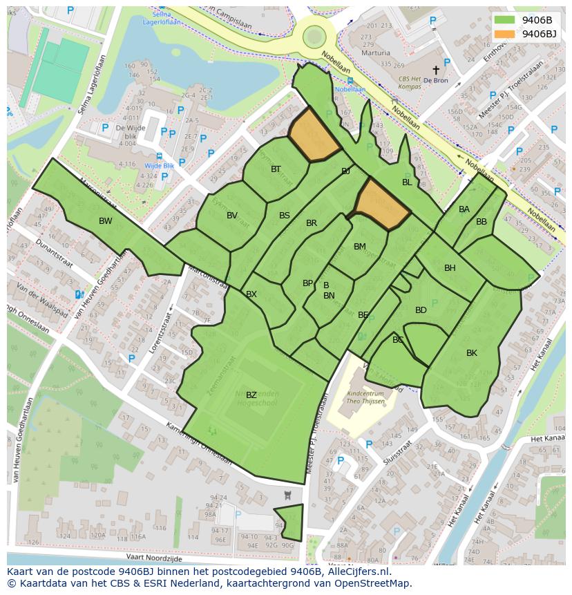 Afbeelding van het postcodegebied 9406 BJ op de kaart.