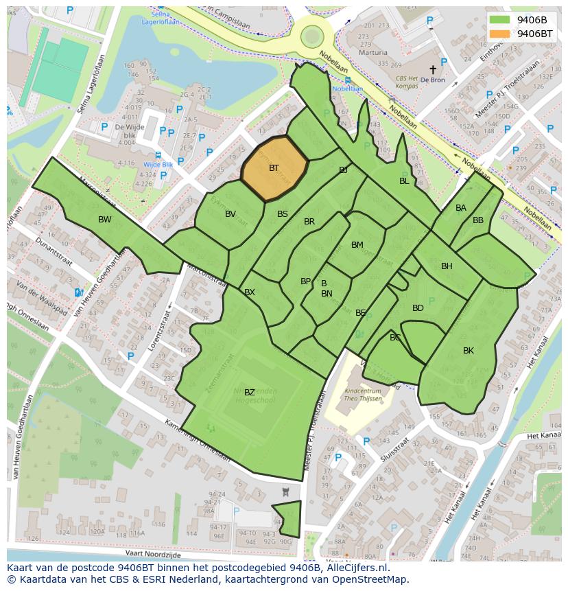 Afbeelding van het postcodegebied 9406 BT op de kaart.