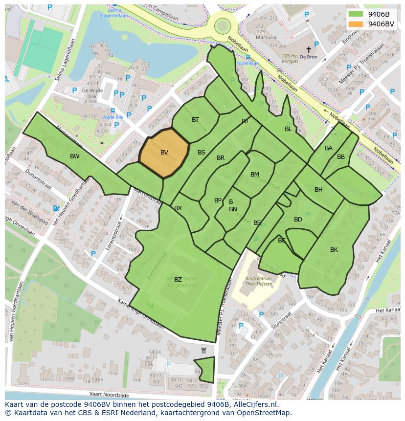 Afbeelding van het postcodegebied 9406 BV op de kaart.