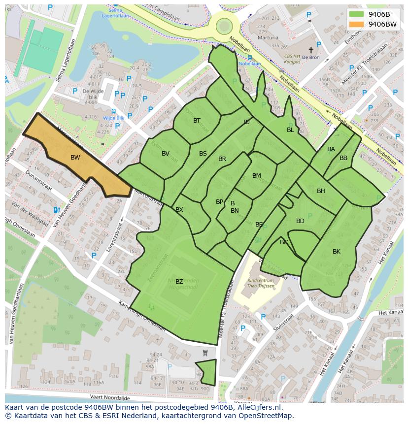 Afbeelding van het postcodegebied 9406 BW op de kaart.