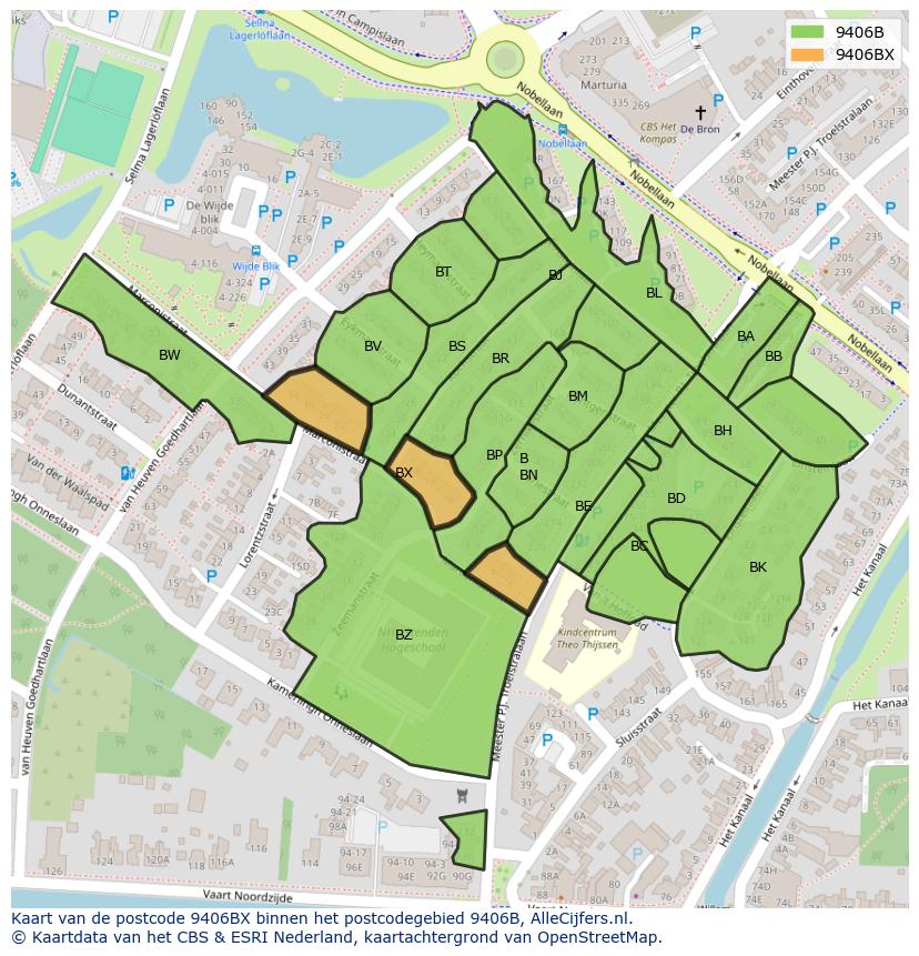 Afbeelding van het postcodegebied 9406 BX op de kaart.