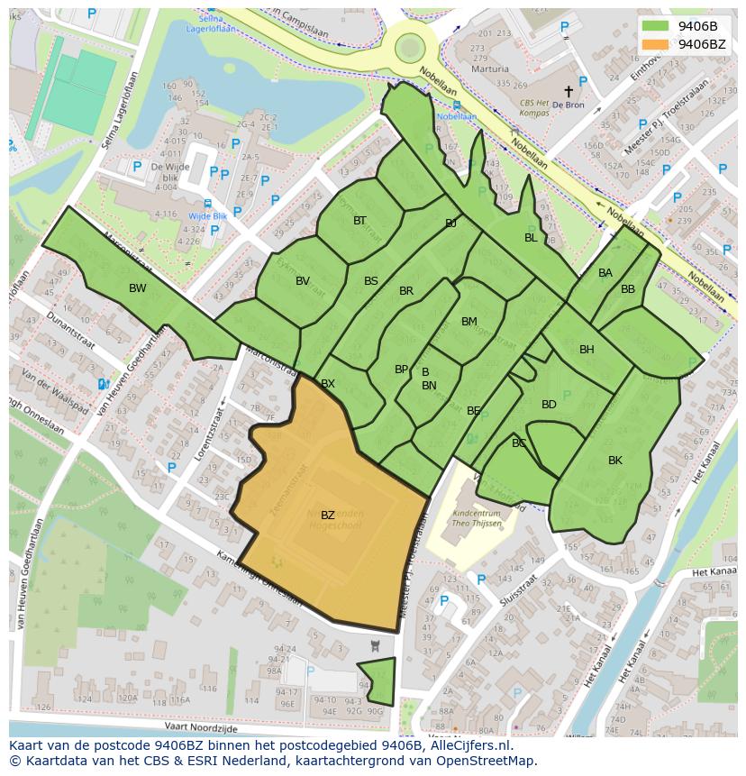 Afbeelding van het postcodegebied 9406 BZ op de kaart.