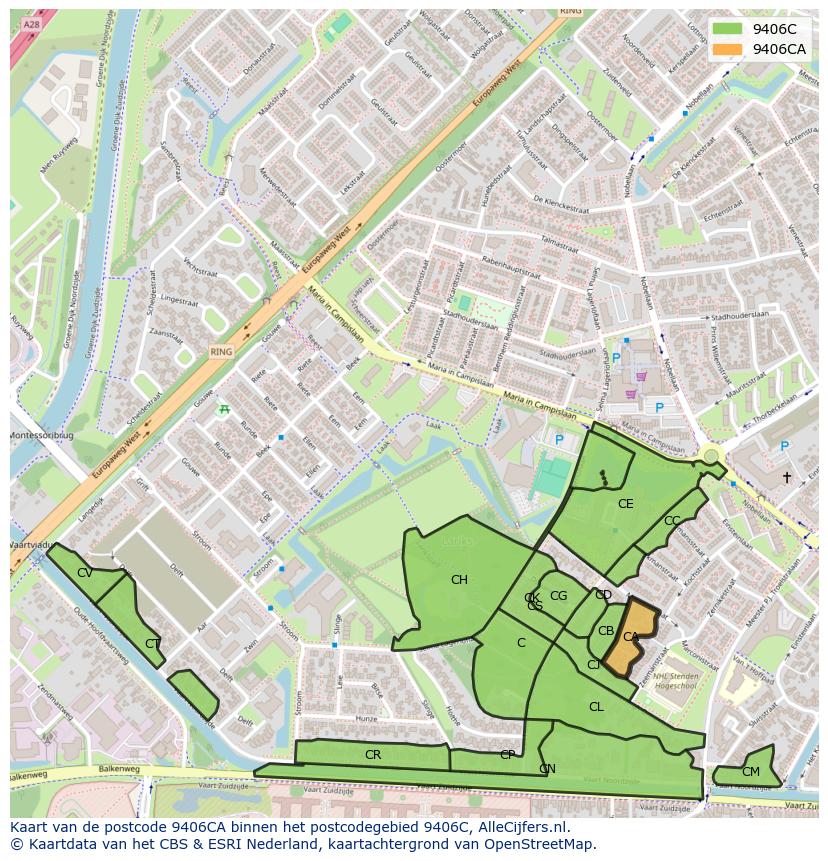Afbeelding van het postcodegebied 9406 CA op de kaart.