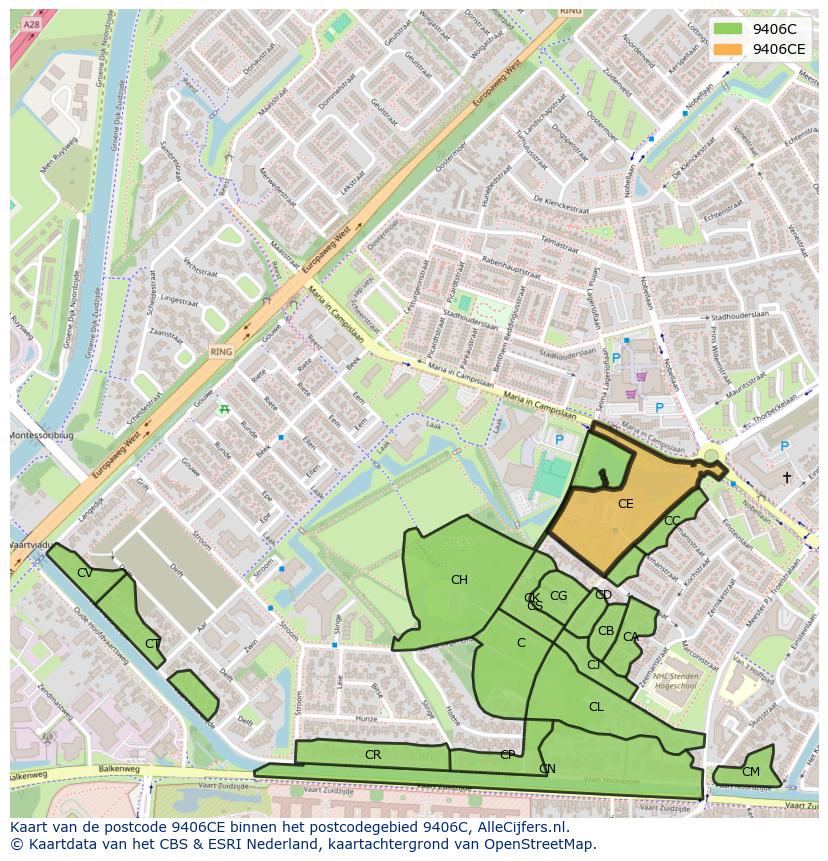 Afbeelding van het postcodegebied 9406 CE op de kaart.