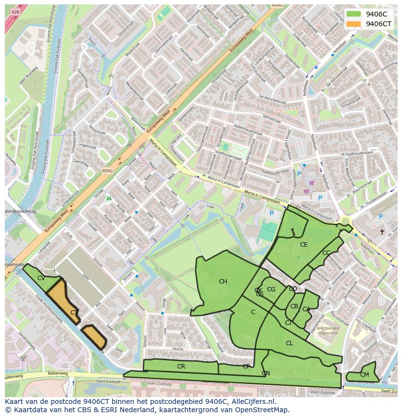 Afbeelding van het postcodegebied 9406 CT op de kaart.