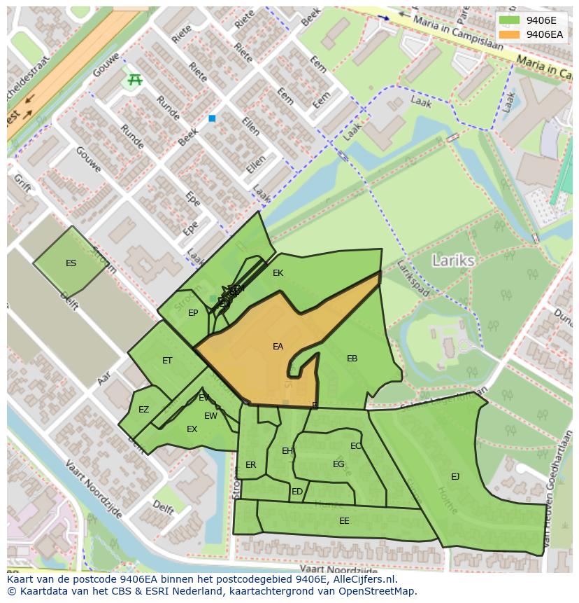 Afbeelding van het postcodegebied 9406 EA op de kaart.