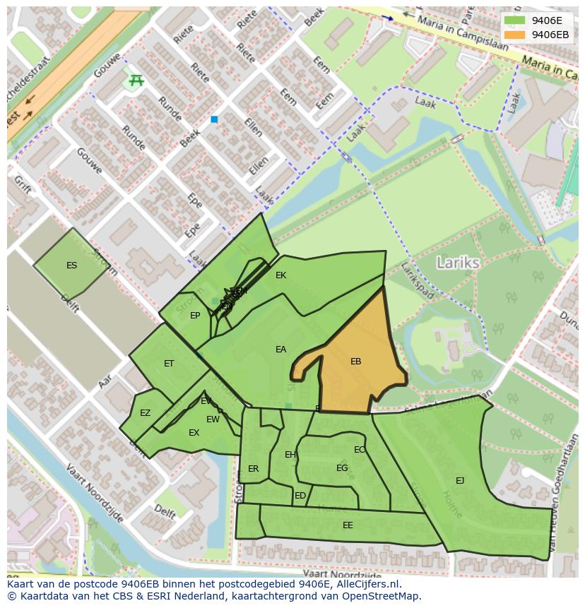 Afbeelding van het postcodegebied 9406 EB op de kaart.