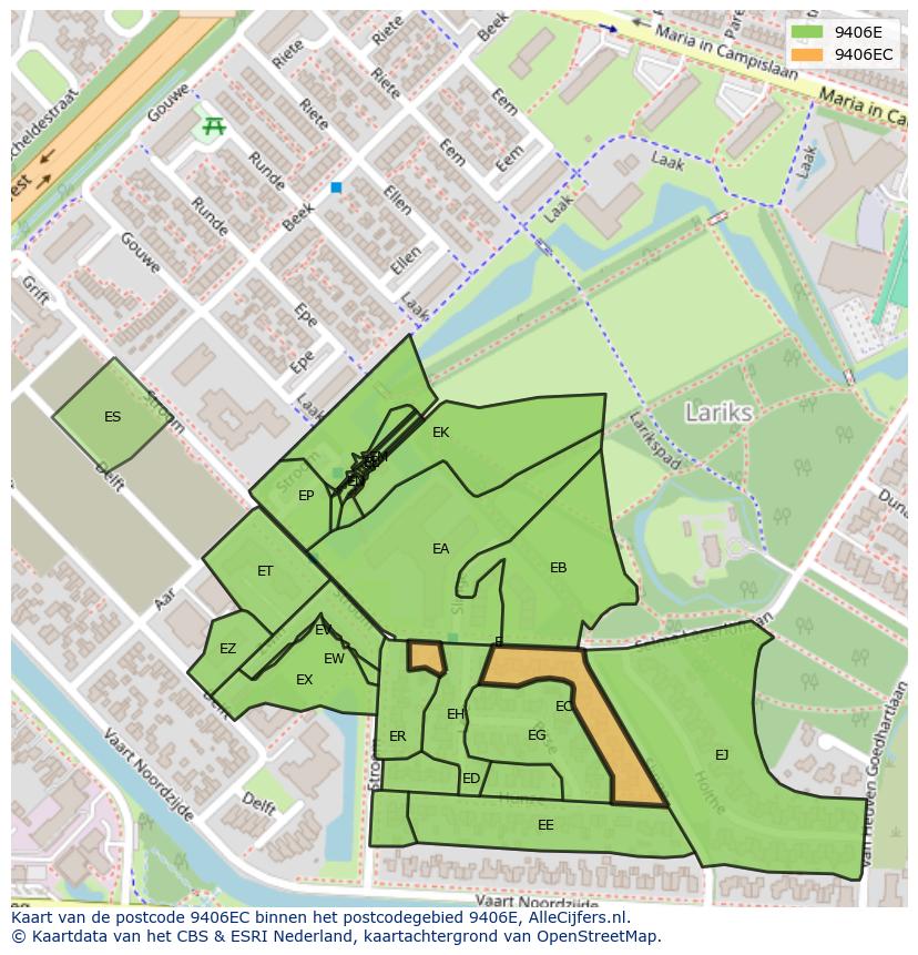 Afbeelding van het postcodegebied 9406 EC op de kaart.