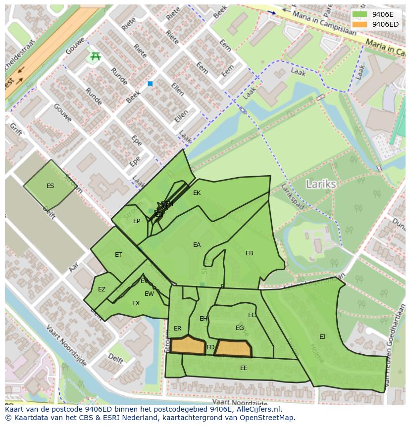 Afbeelding van het postcodegebied 9406 ED op de kaart.