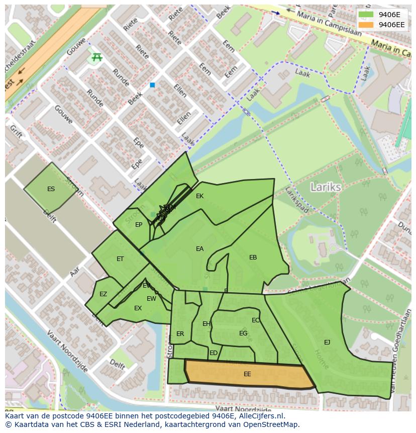 Afbeelding van het postcodegebied 9406 EE op de kaart.