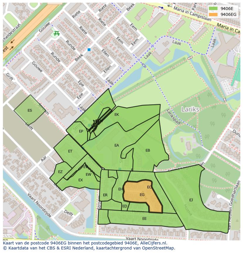 Afbeelding van het postcodegebied 9406 EG op de kaart.