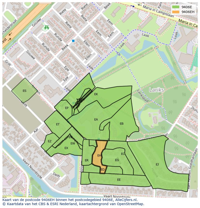Afbeelding van het postcodegebied 9406 EH op de kaart.