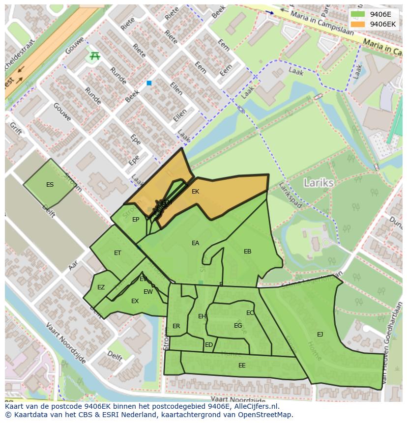 Afbeelding van het postcodegebied 9406 EK op de kaart.