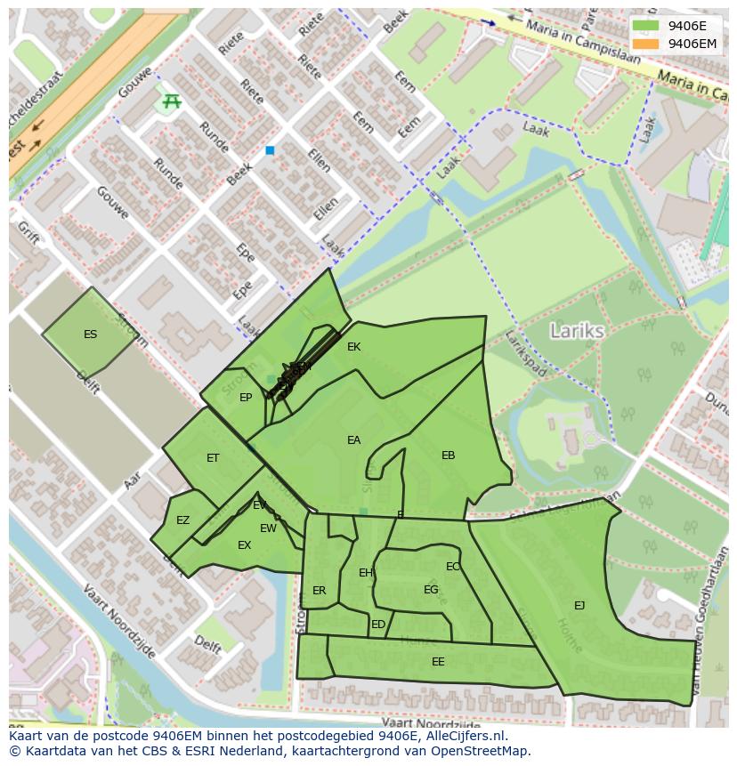Afbeelding van het postcodegebied 9406 EM op de kaart.