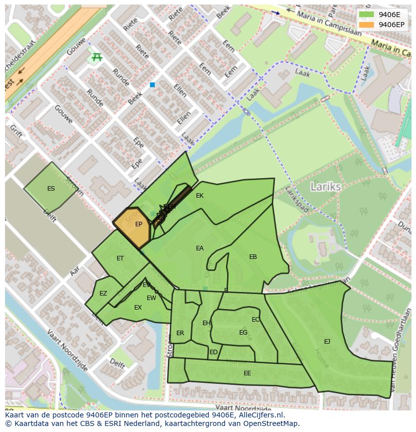Afbeelding van het postcodegebied 9406 EP op de kaart.