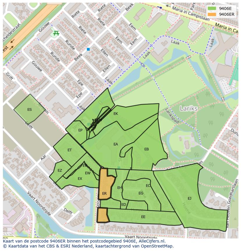 Afbeelding van het postcodegebied 9406 ER op de kaart.
