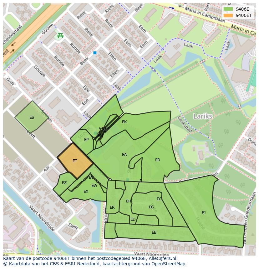 Afbeelding van het postcodegebied 9406 ET op de kaart.