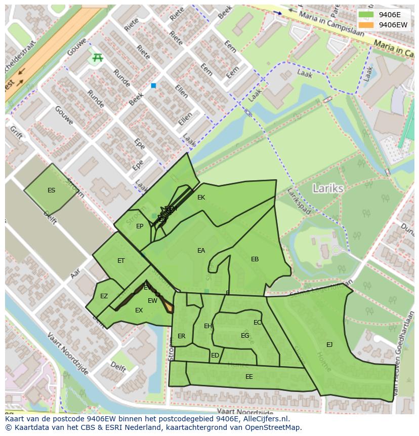 Afbeelding van het postcodegebied 9406 EW op de kaart.