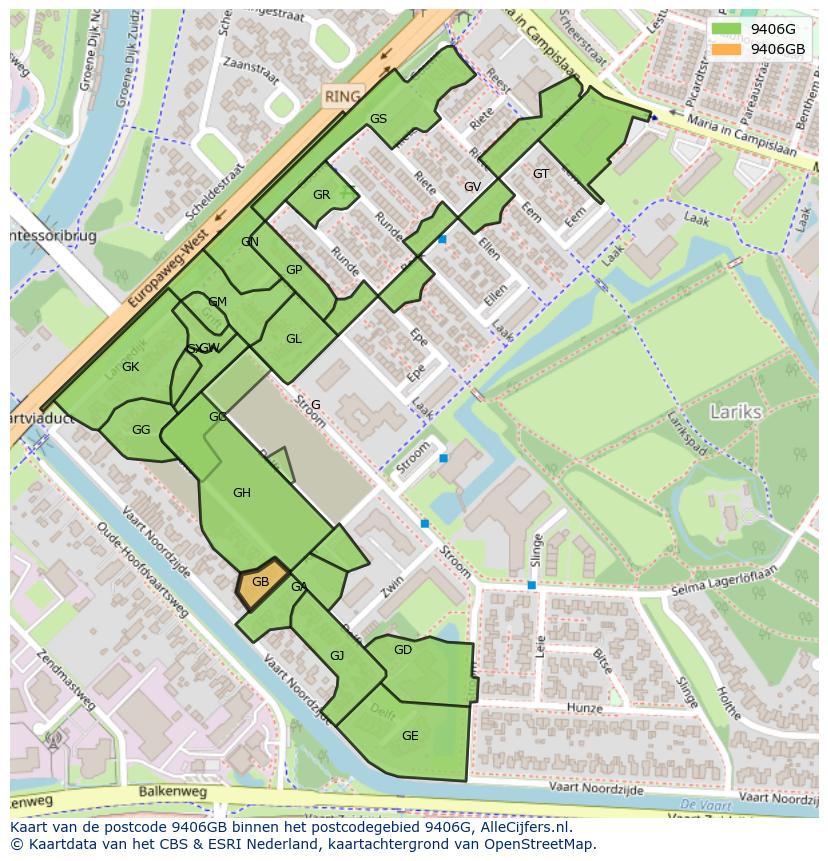 Afbeelding van het postcodegebied 9406 GB op de kaart.