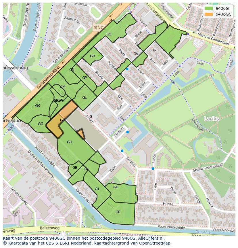 Afbeelding van het postcodegebied 9406 GC op de kaart.