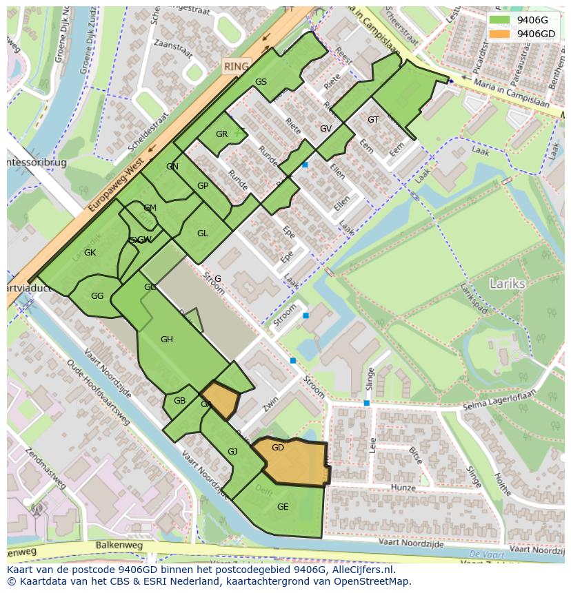 Afbeelding van het postcodegebied 9406 GD op de kaart.