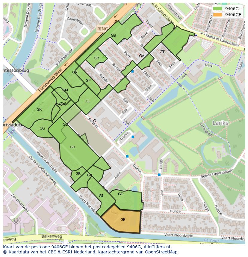 Afbeelding van het postcodegebied 9406 GE op de kaart.