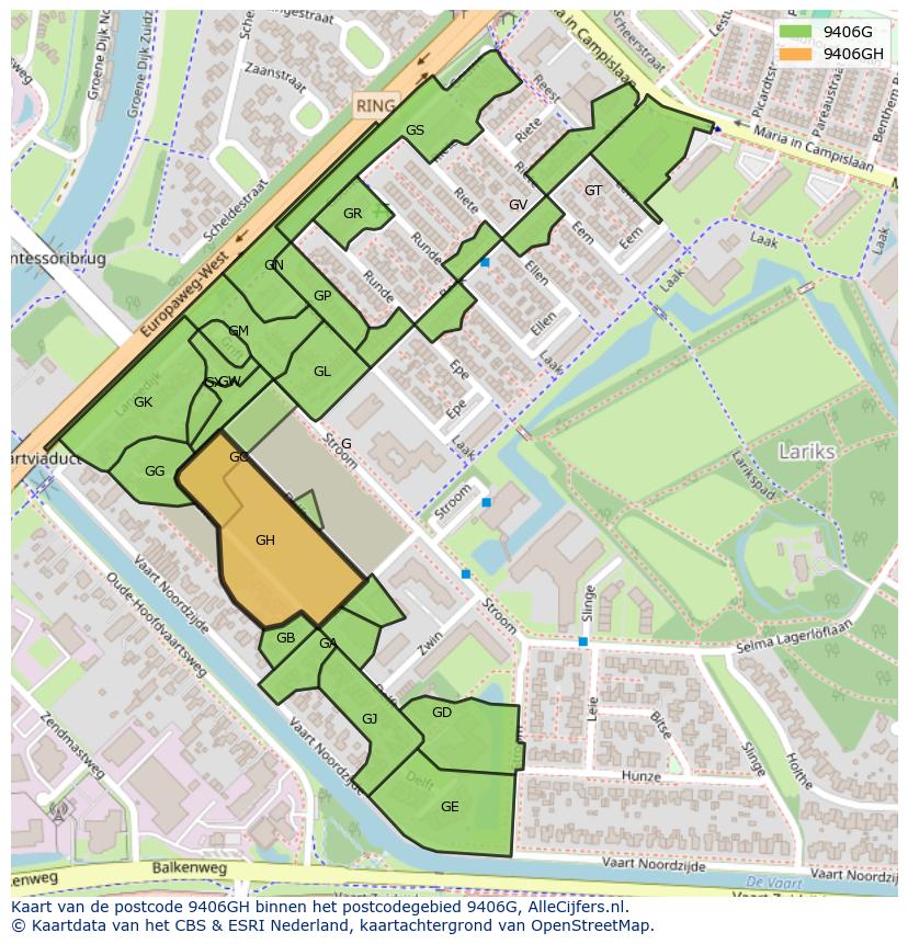 Afbeelding van het postcodegebied 9406 GH op de kaart.