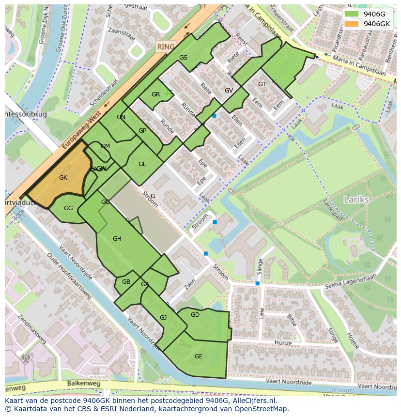 Afbeelding van het postcodegebied 9406 GK op de kaart.