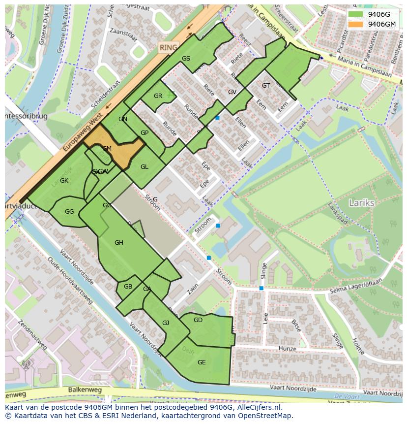 Afbeelding van het postcodegebied 9406 GM op de kaart.