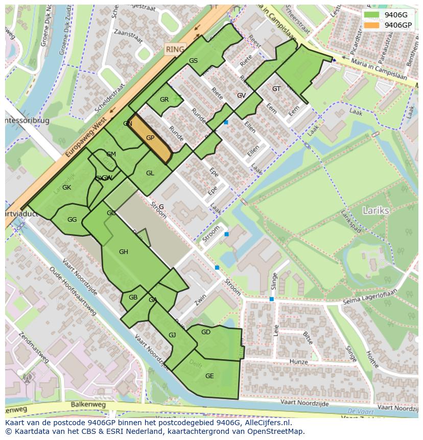 Afbeelding van het postcodegebied 9406 GP op de kaart.