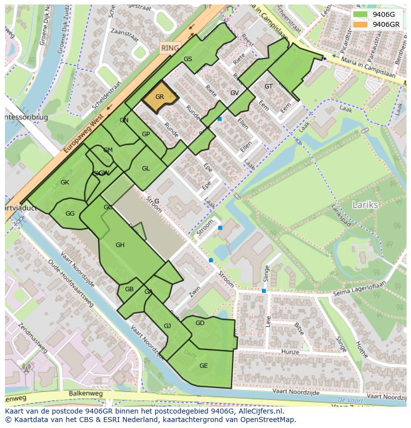 Afbeelding van het postcodegebied 9406 GR op de kaart.