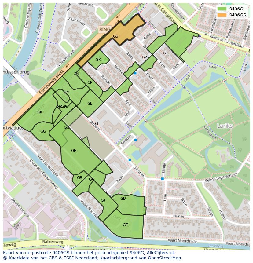 Afbeelding van het postcodegebied 9406 GS op de kaart.