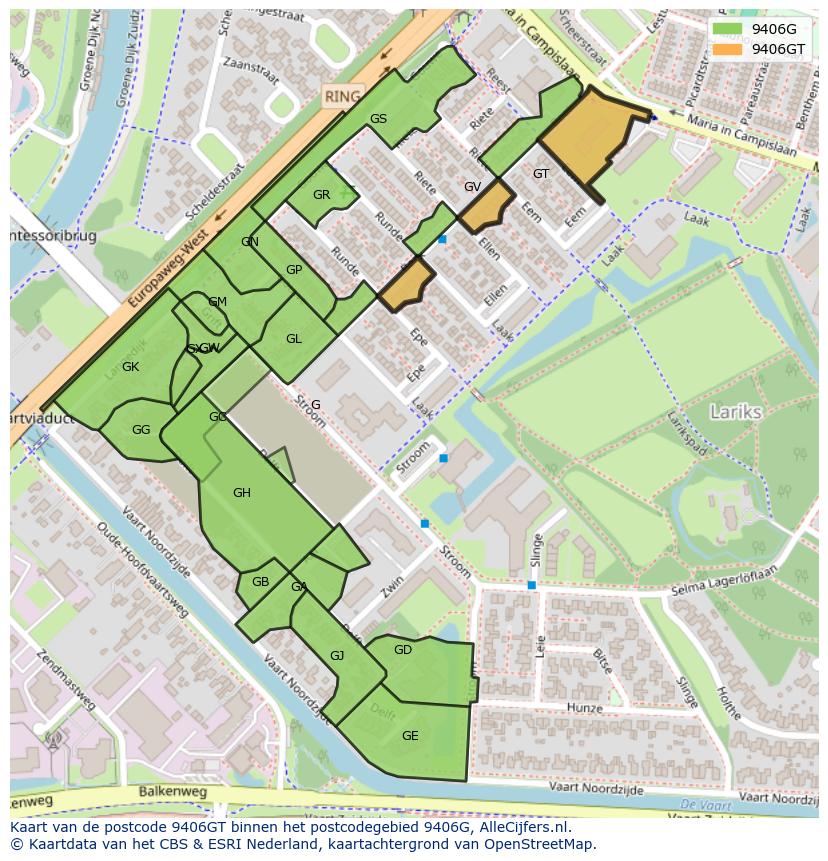 Afbeelding van het postcodegebied 9406 GT op de kaart.