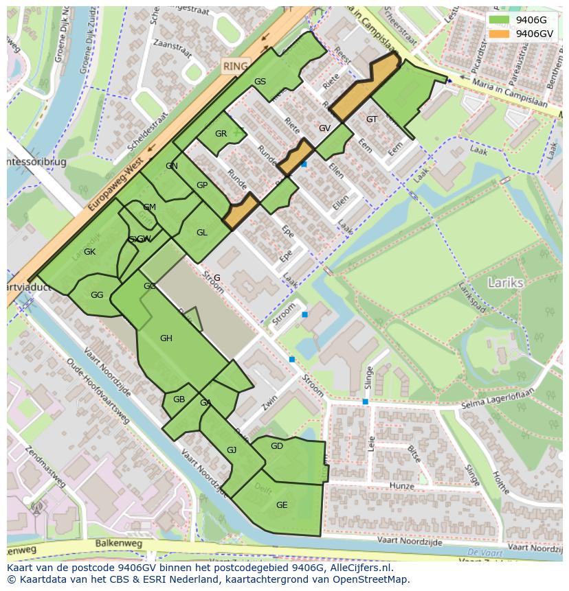 Afbeelding van het postcodegebied 9406 GV op de kaart.