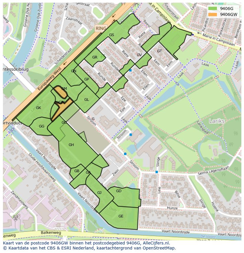Afbeelding van het postcodegebied 9406 GW op de kaart.