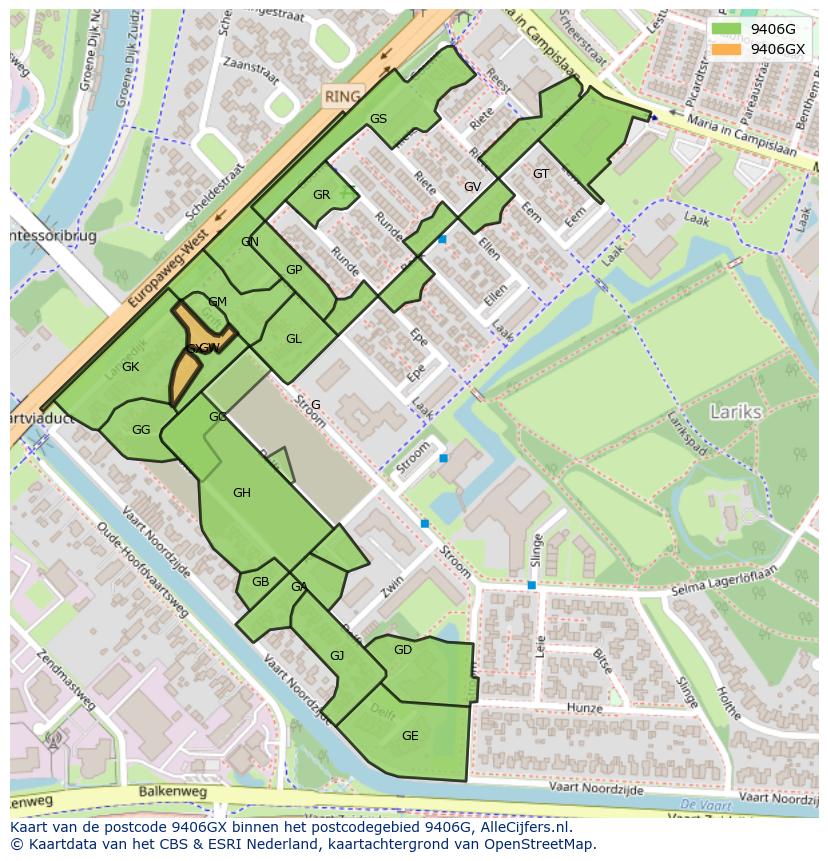 Afbeelding van het postcodegebied 9406 GX op de kaart.